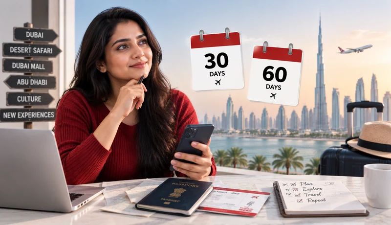 Indian traveller planning a Dubai trip and choosing between 30-day and 60-day Dubai tourist visa options