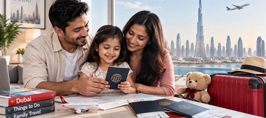 Indian family preparing documents for a child's Dubai visa and family holiday