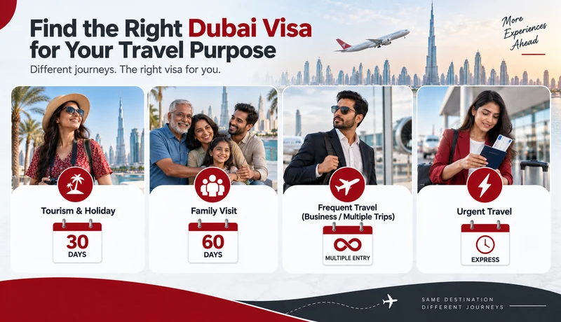 Dubai visa options for Indian travellers based on tourism, family visits, frequent travel and urgent trips