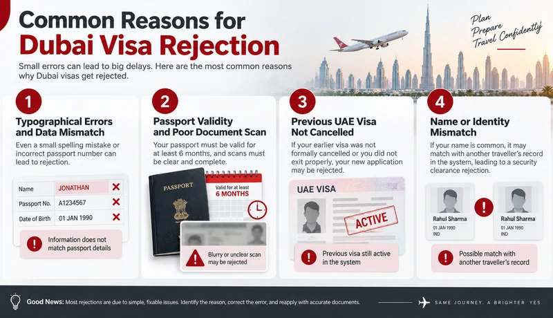 Common reasons for Dubai visa rejection including data mismatch, passport validity, previous UAE visa and identity issues