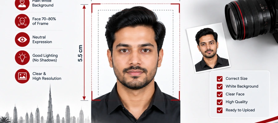 Correct and incorrect Dubai visa photo examples showing white background, proper face framing and clear image quality