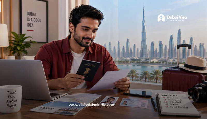 Indian traveller preparing passport, photograph and required documents for a Dubai visa application