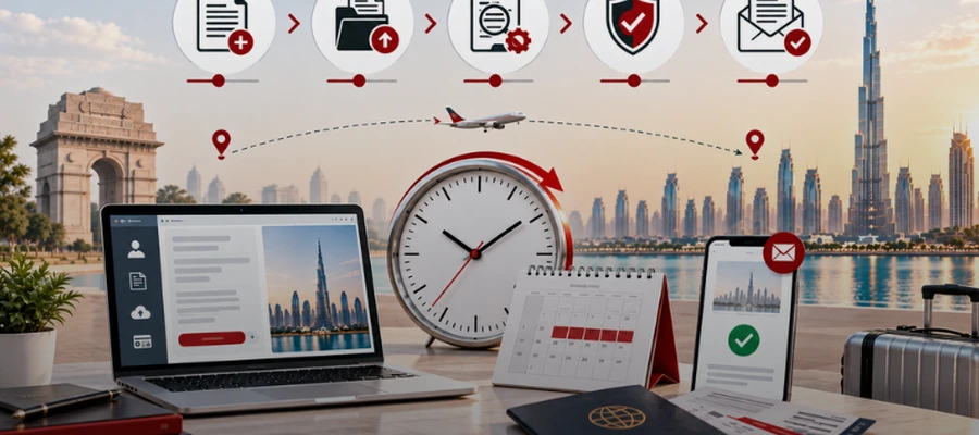 Dubai visa approval time for Indians showing online application, verification and visa approval timeline