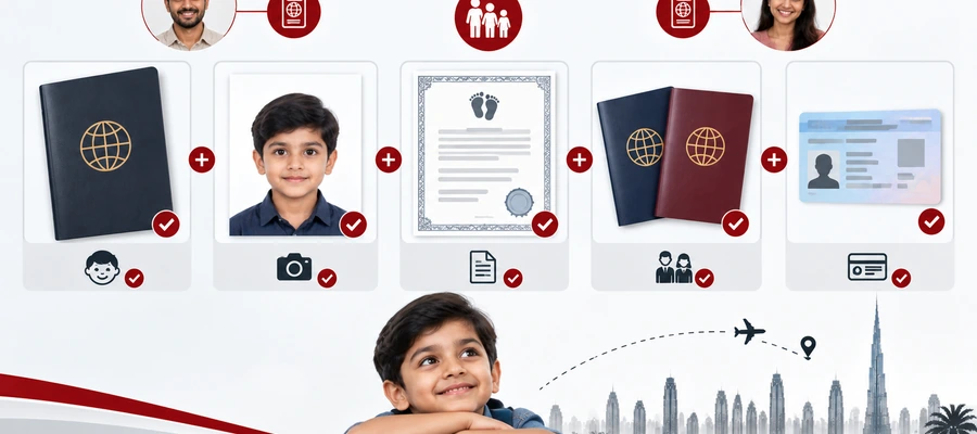 Documents required for a Dubai visa for Indian children including passport, photograph and birth certificate