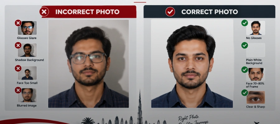 Dubai visa photo requirements showing correct white background, neutral expression and proper face coverage