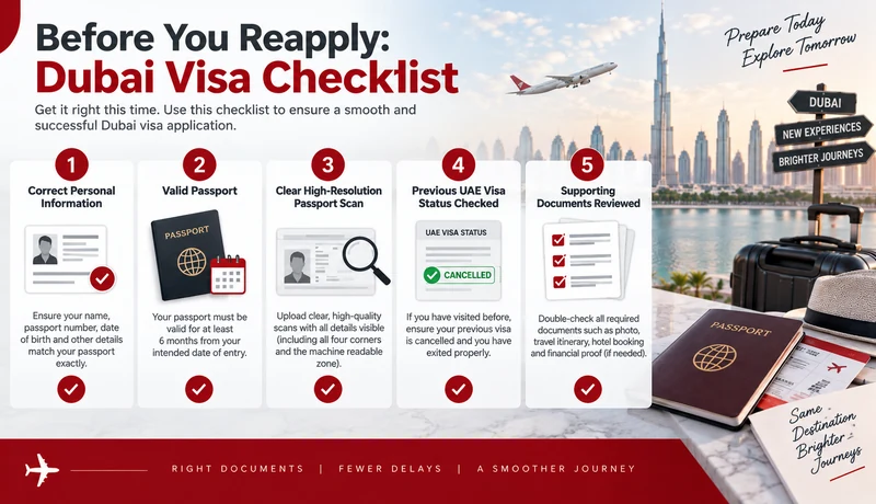 Dubai visa reapplication checklist for checking personal information, passport validity, document scans and previous UAE visa status