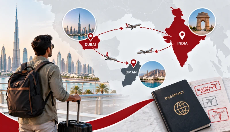 Multiple-entry Dubai visa travel route from India to Dubai and Oman before returning to Dubai