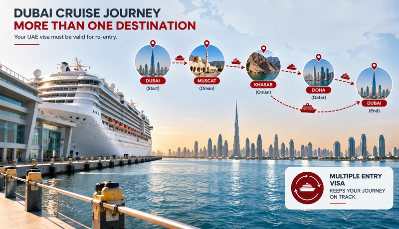 Dubai cruise itinerary showing travel from Dubai to Muscat, Khasab and Doha before returning to Dubai on a multiple-entry visa