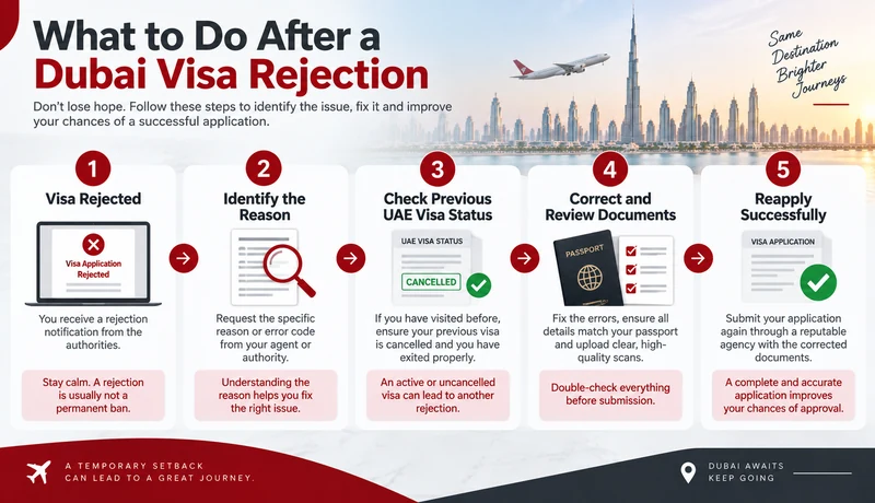 What to do after a Dubai visa rejection: identify the reason, check visa status, correct documents and reapply