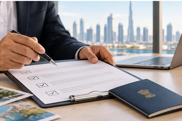 Visa application support discussion with passport, documents and laptop