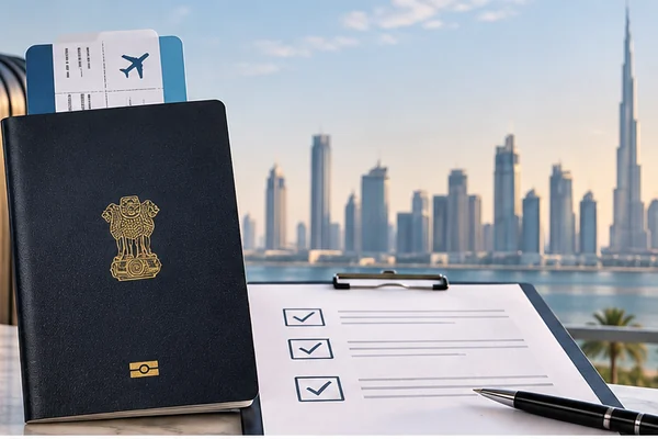 Passport, visa checklist and Dubai skyline representing the UAE visa application process