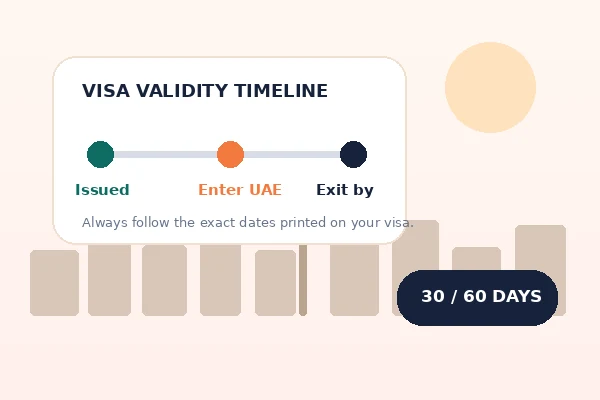 Dubai visa validity timeline illustration showing issue entry and exit stages